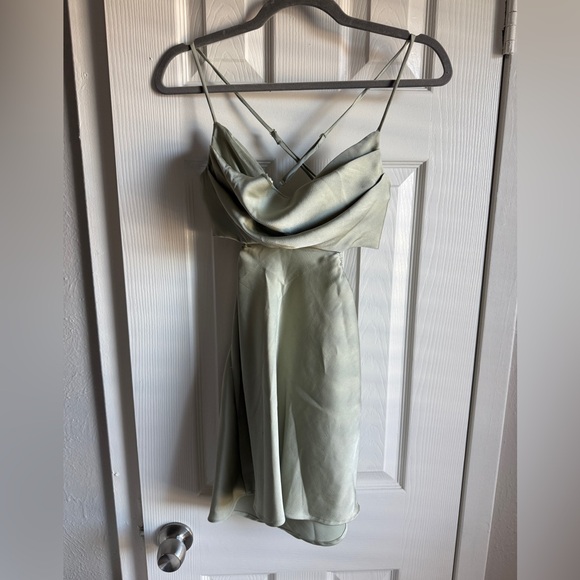 PRINCESS POLLY Jemma Mini Dress Sage Green Satin Silky Cutout Cowl Neck Dress 4 - Picture 2 of 7